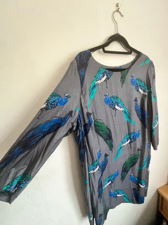 Boden Gray Tunic Dress with Blue & Green Peacock Print - Picture 3 of 6